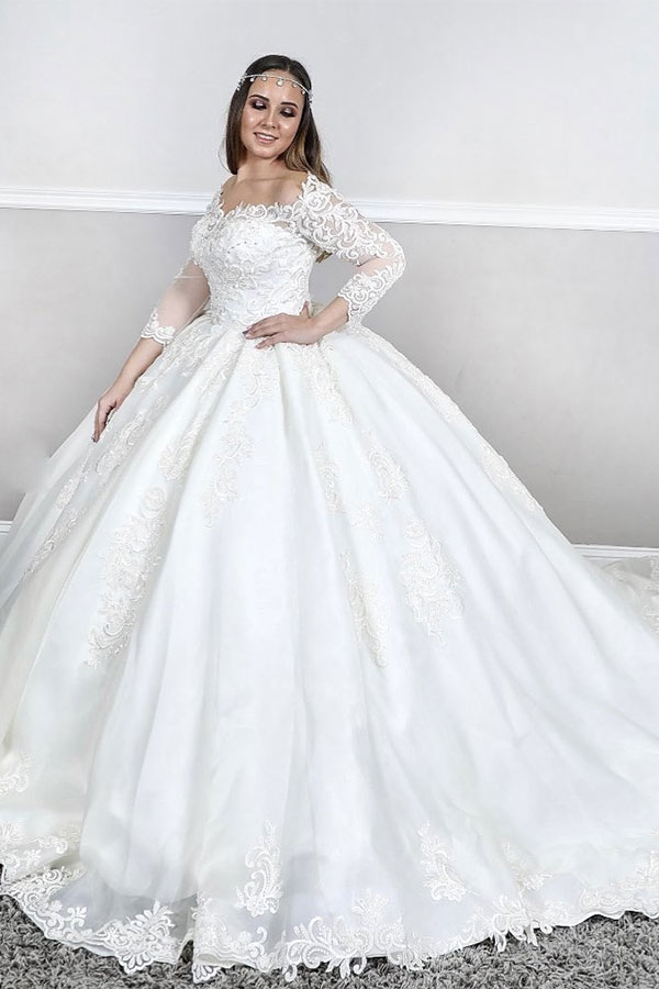 Ball Gown Sweetheart Neck Long Sleeves Cathedral Train Lace Wedding Gown With Lace 3