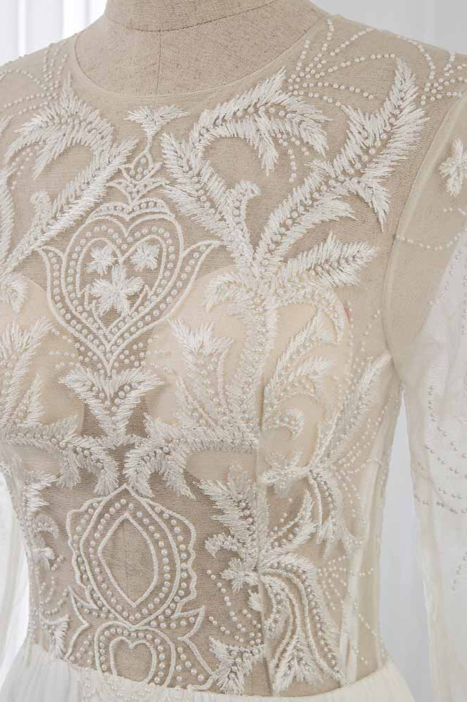 A-line Jewel Neck Long Sleeves Floor-length 100D Chiffon Wedding Dress With Ruffles 4
