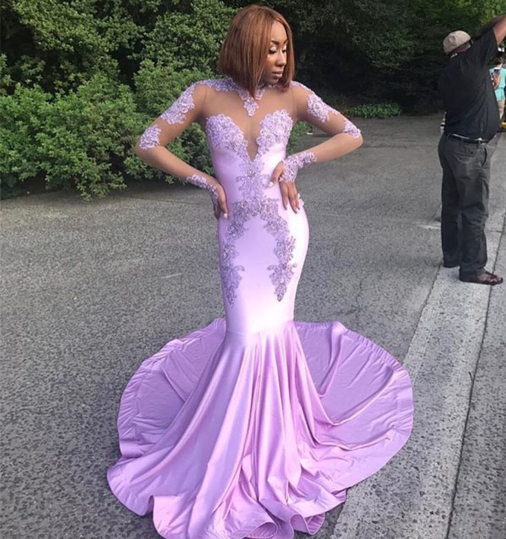 Mermaid High Neck Court Train Stretch Satin Evening Gown With Appliques 2