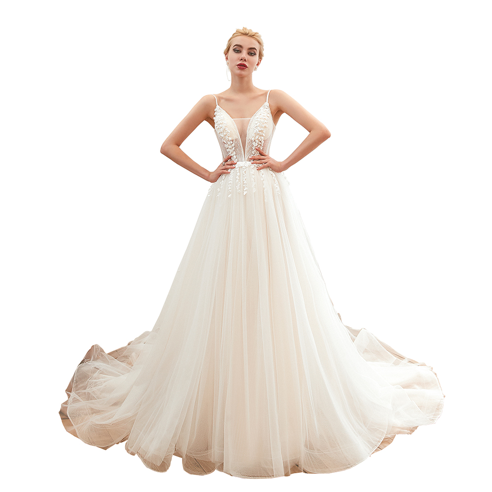 A-line Plunging Neckline Sleeveless Cathedral Train Tulle Wedding Gown With Flower(s) 20