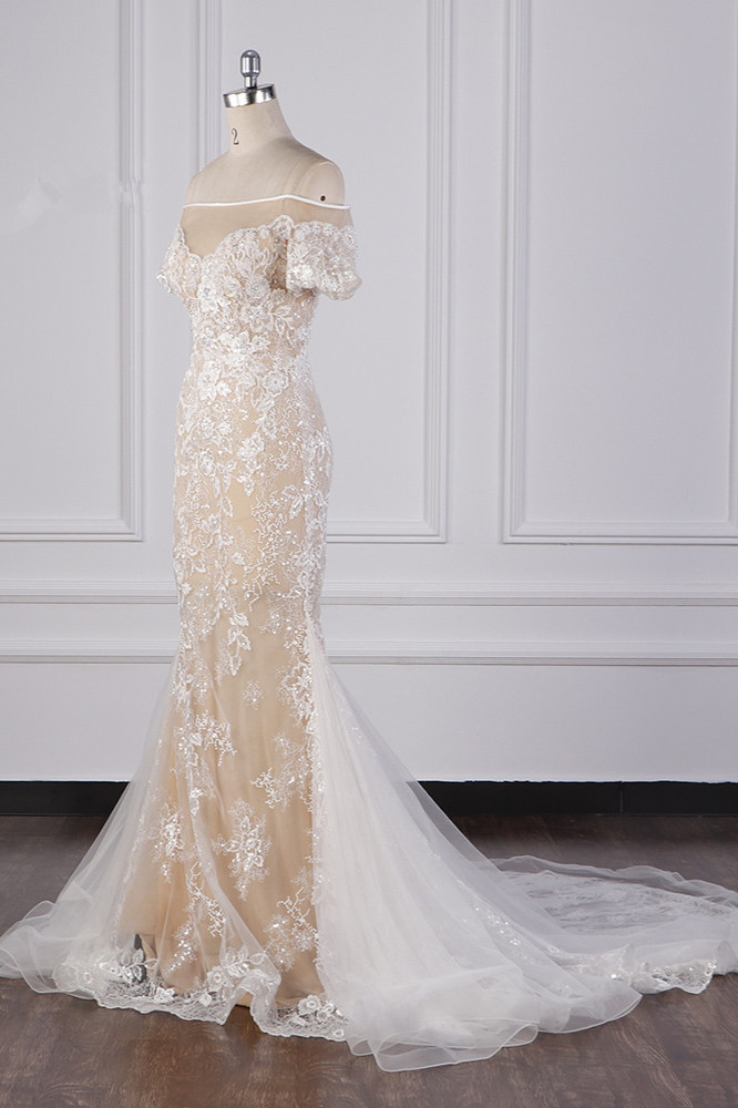 Mermaid Off-the-shoulder Short Sleeves Floor-length Tulle Wedding Dress With Appliques 3