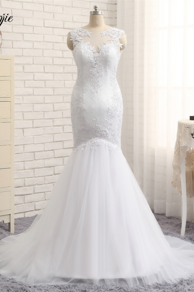 Mermaid Jewel Neck Sleeveless Floor-length Tulle Bridal Gown With Appliques 3