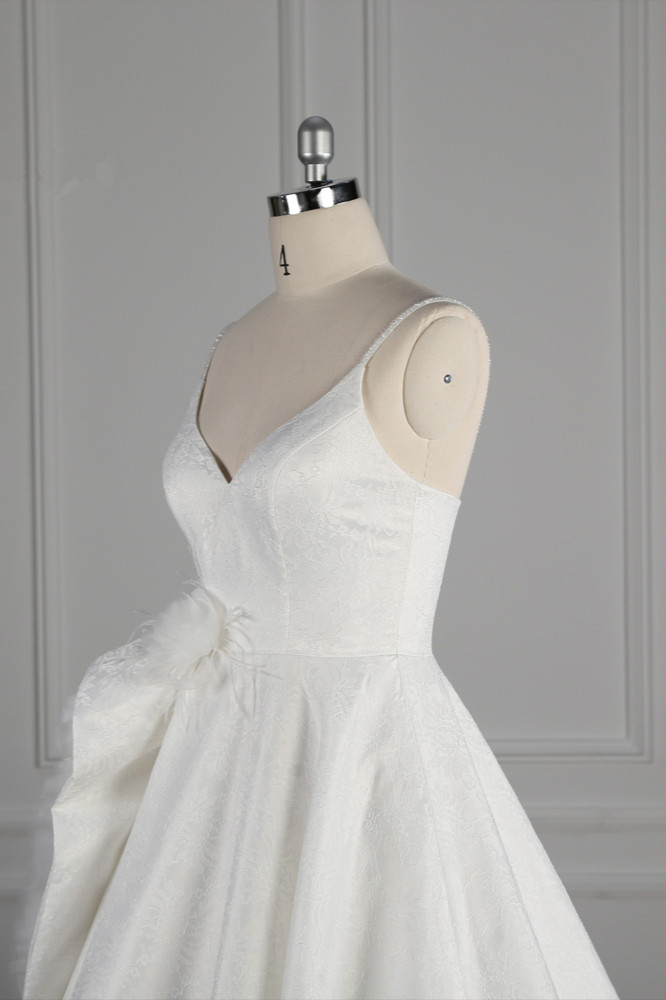 A-line Spaghetti Straps V-neck Sleeveless Floor-length Satin Bridal Dress With Ruffles 4