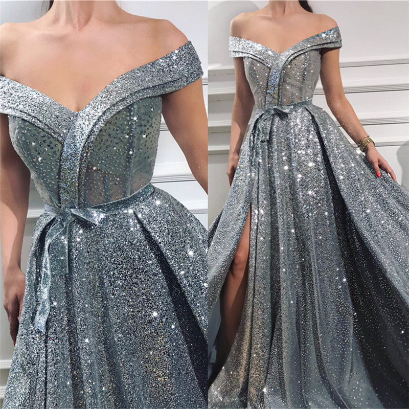 A-line Off-the-shoulder Sleeveless Court Train Bright silk Formal Dress With Sequins 3