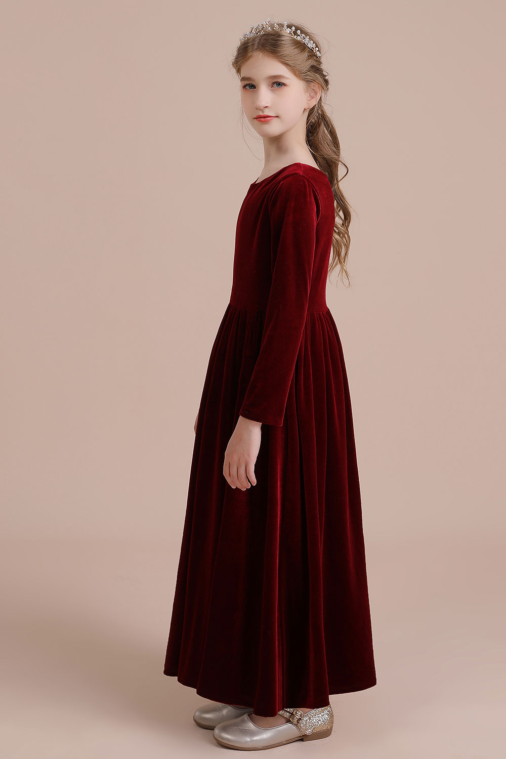 A-line Jewel Neck Long Sleeves Ankle-length Velvet Flower Girl Dress 3