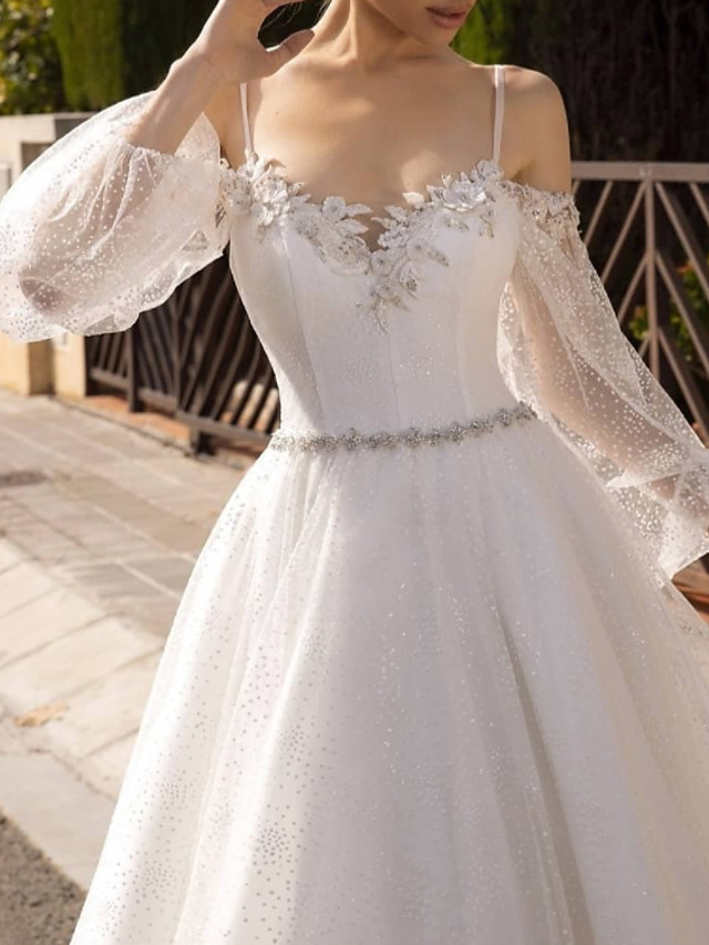 A-line Long Sleeves Sweep / Brush Train Lace Wedding Gown With Sequins 3