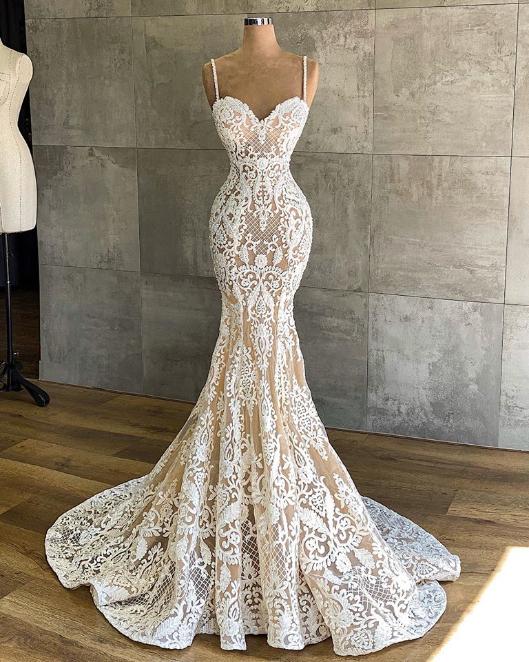 Mermaid Spaghetti Straps Sleeveless Ankle-length Lace Bridal Dress With Lace 2