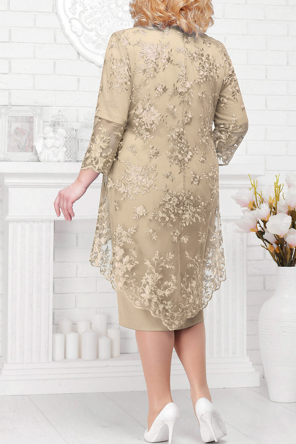 Tulle Lace 3/4 Sleeves Knee Length Mother of Bride Dress | Mother Wedding Party Dress 2