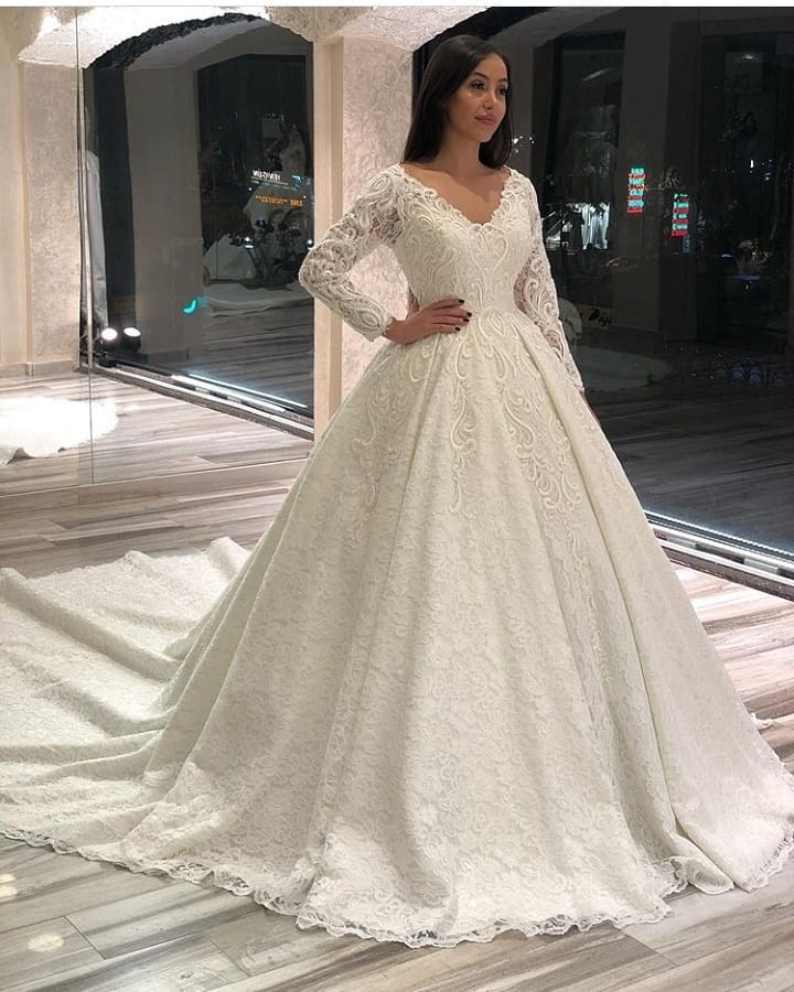 A-line V-neck Long Sleeves Court Train Lace Bridal Dress With Ruffles 2