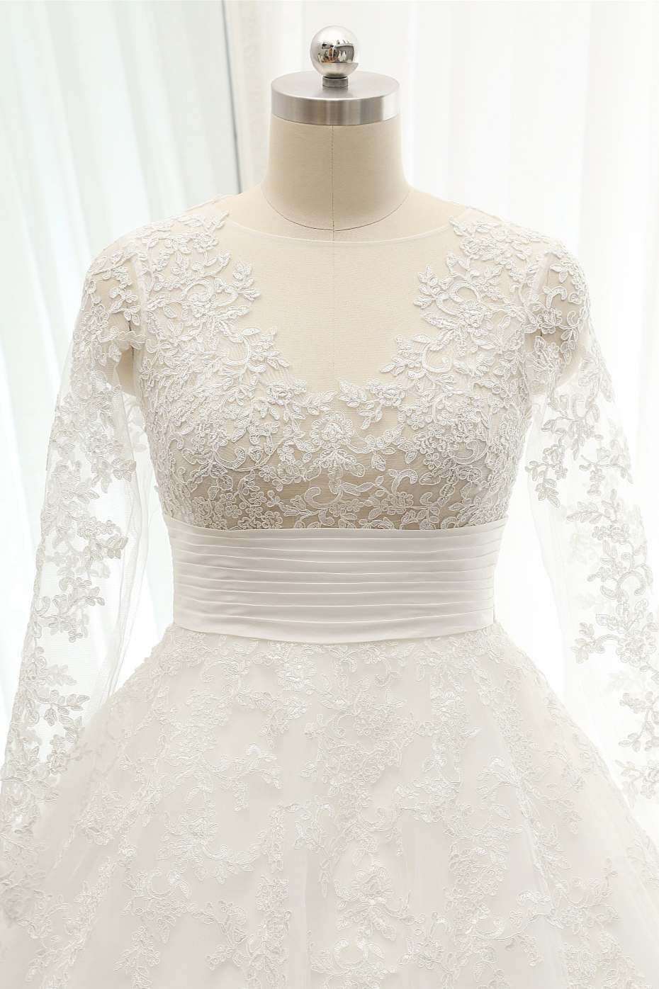 A-line V-neck Long Sleeves Floor-length Tulle Bridal Attire With Lace 4