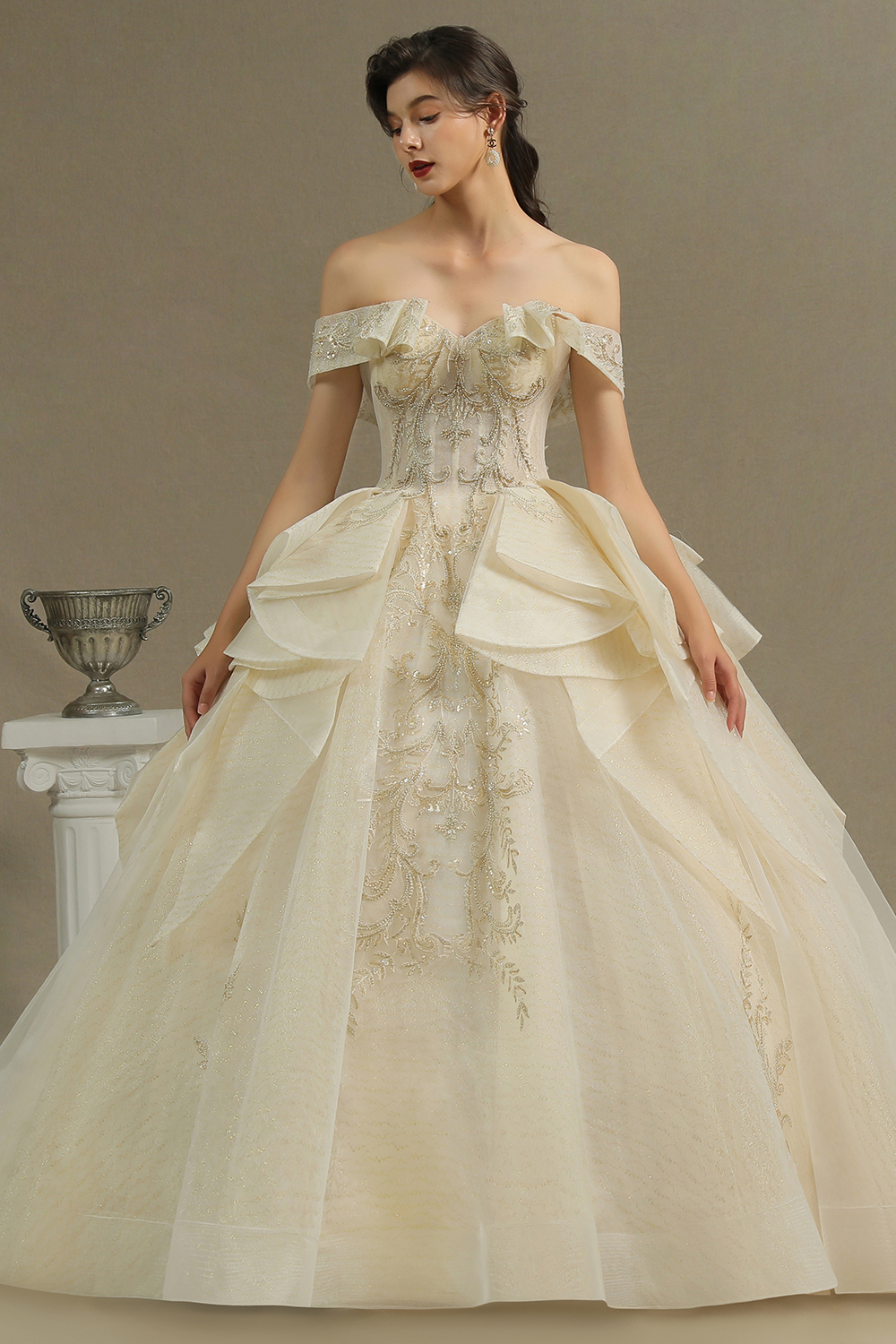 A-line Strapless Cap Sleeves Cathedral Train Tulle Bridal Gown With Beading 2