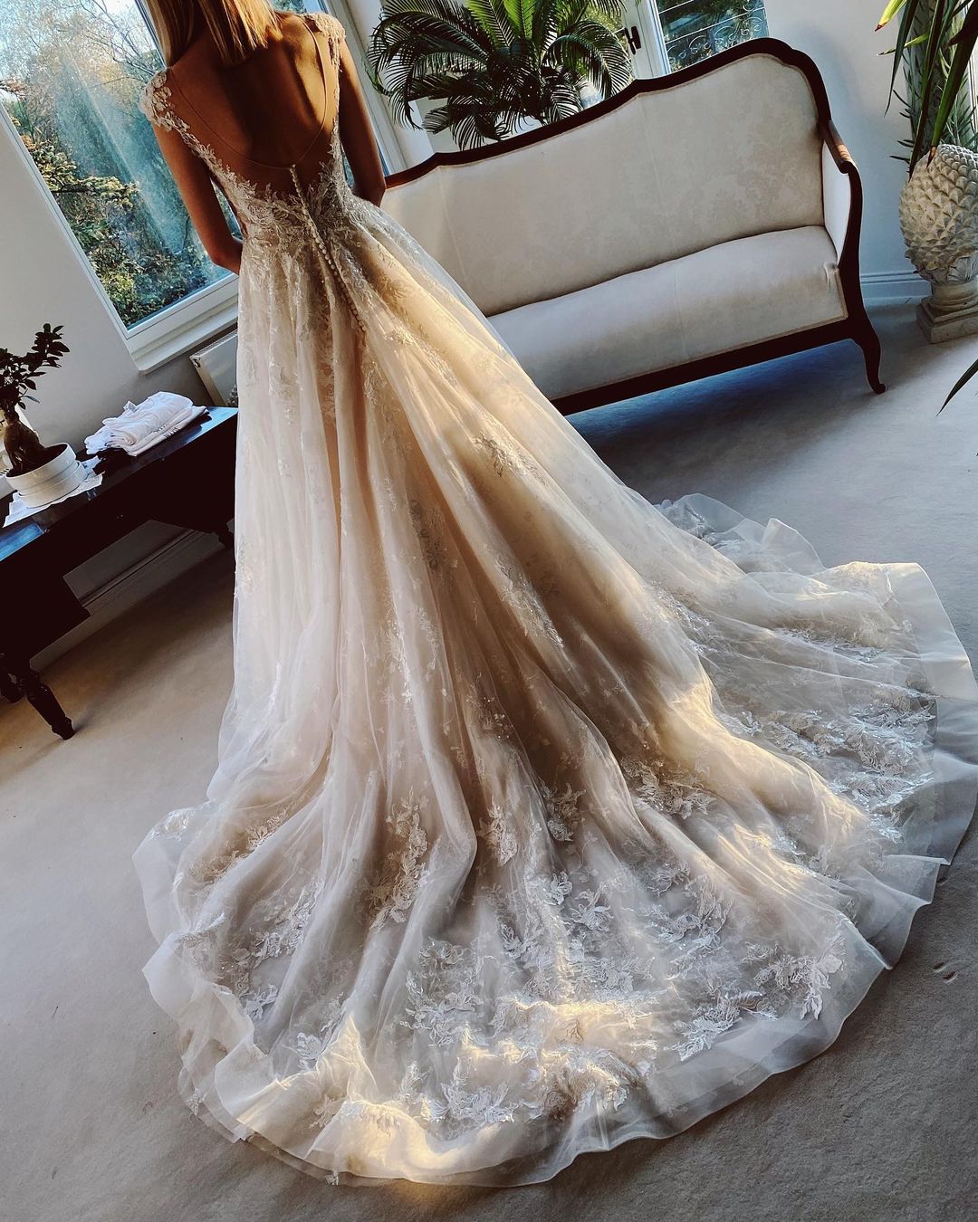 A-line Jewel Neck Sleeveless Court Train Lace Bridal Gown With Pearls 3