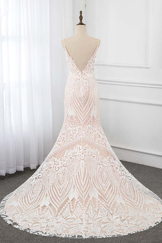 Column Spaghetti Straps V-neck Floor-length Tulle Bridal Dress With Appliques 2