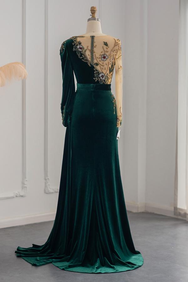 Dark Green Long Sleeve Jewel Mermaid Evening Dress Prom Gown 3