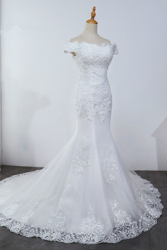 Mermaid Off-the-shoulder Short Sleeves Floor-length Tulle Wedding Dress With Appliques 3