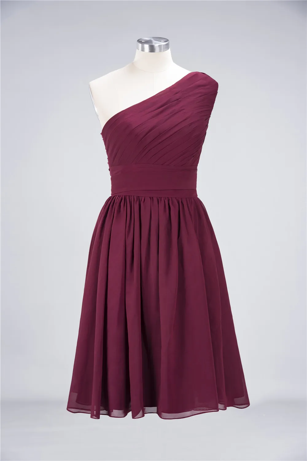 A-line One Shoulder Sleeveless Knee-length 100D Chiffon Bridesmaid Dress With Ruffles 1