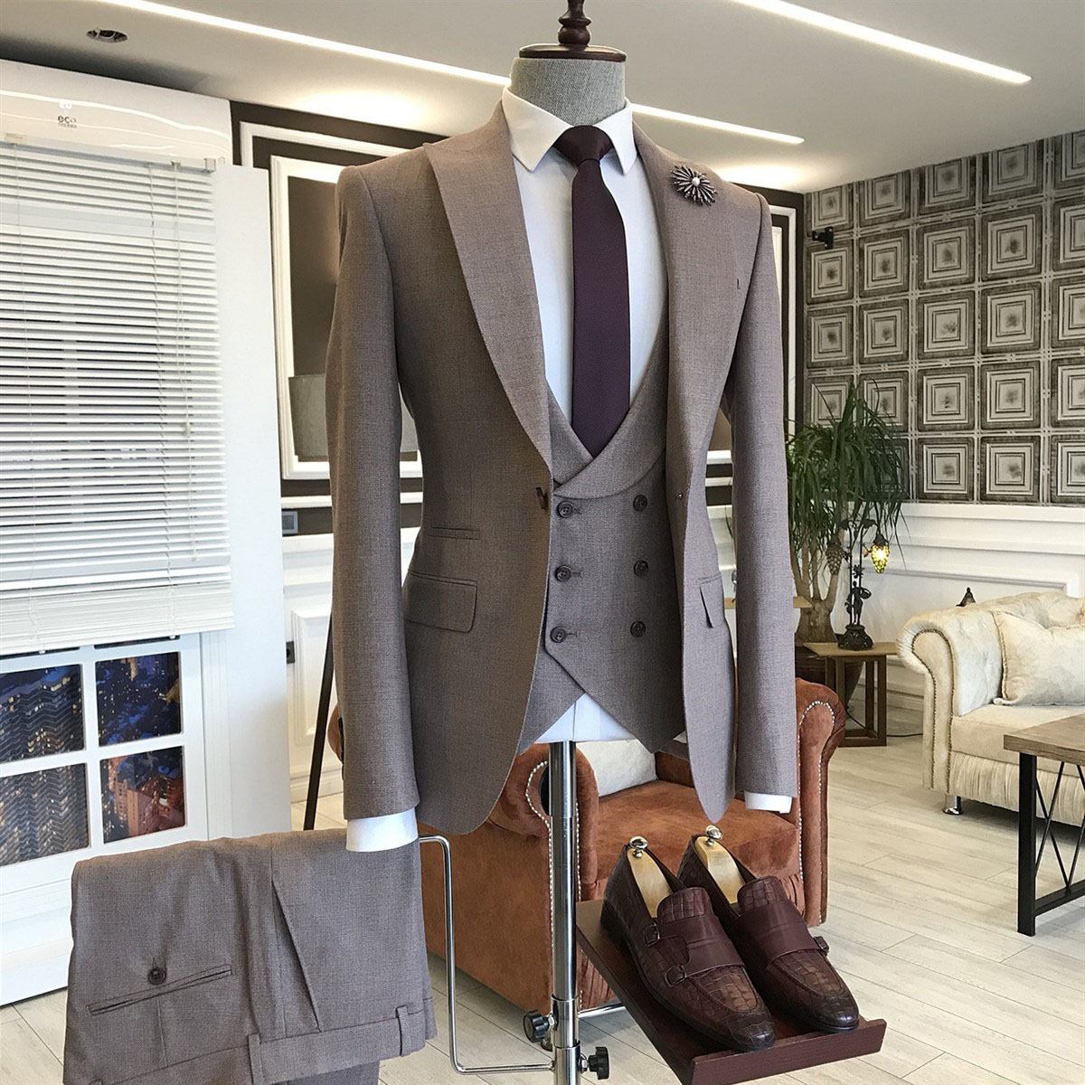 Brown Double Breasted Waistcoat Business Suit 2