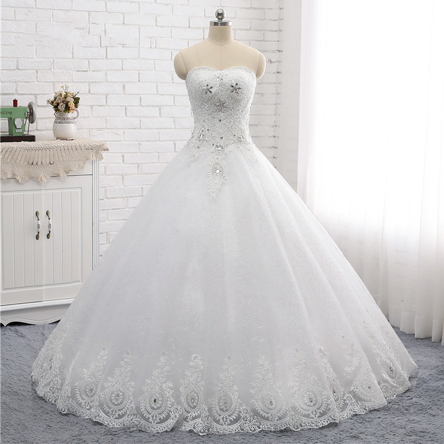 A-line Strapless Sweetheart Neck Sleeveless Floor-length Tulle Bridal Dress With Appliques 6