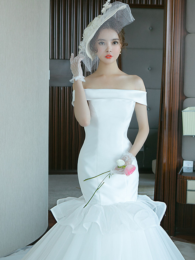 Mermaid Sleeveless Court Train Tulle Wedding Gown With Lace 2