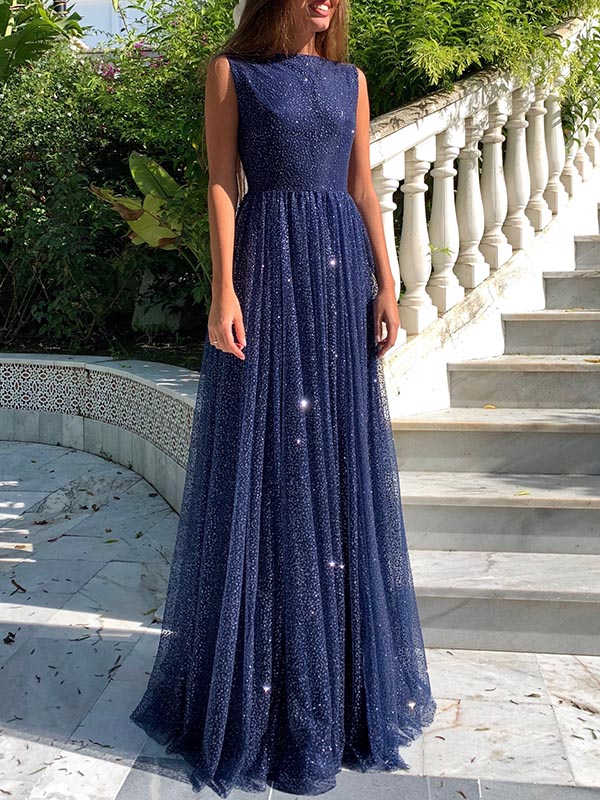 Column Jewel Neck Sleeveless Floor-length Evening Gown With Sequins 3