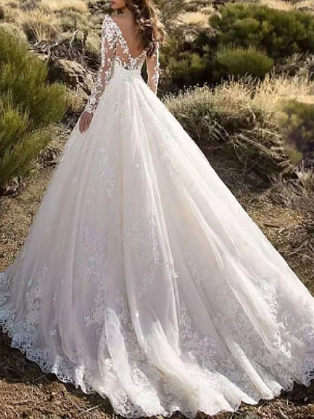 A-line V-neck Long Sleeves Sweep / Brush Train Lace Bridal Gown With Lace 3