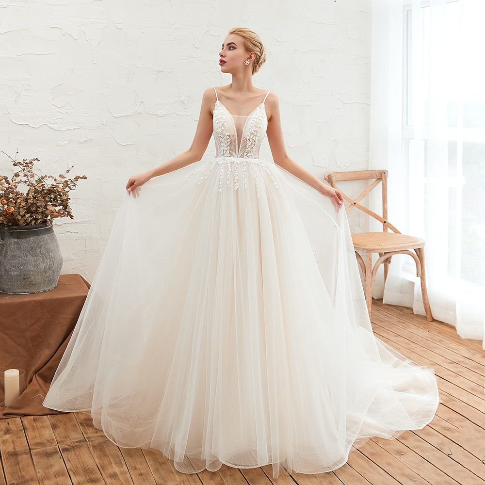 A-line Plunging Neckline Sleeveless Cathedral Train Tulle Wedding Gown With Flower(s) 9