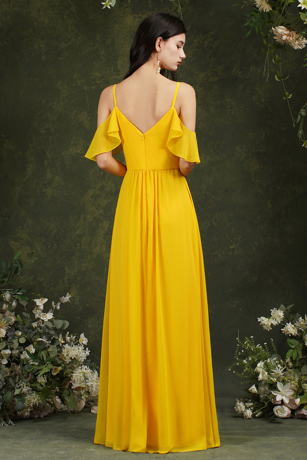 A-line Spaghetti Straps Sweetheart Neck Cap Sleeves Floor-length 100D Chiffon Bridesmaid Gown With Pockets 7