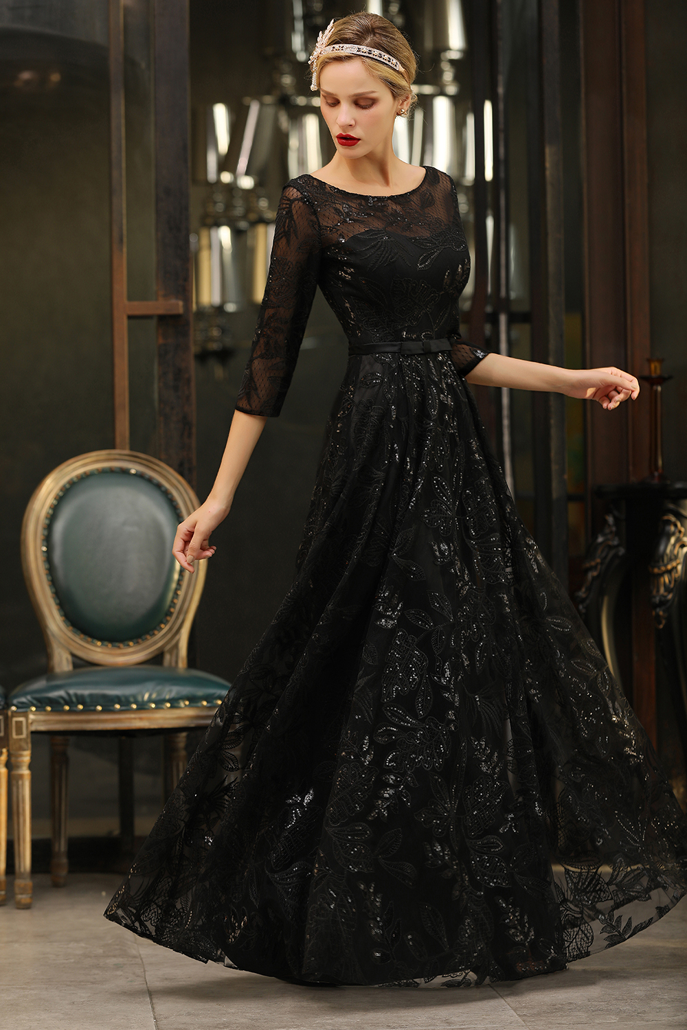A-line Jewel Neck 3/4-Length Sleeves Floor-length Tulle Evening Dress With Sequins 6