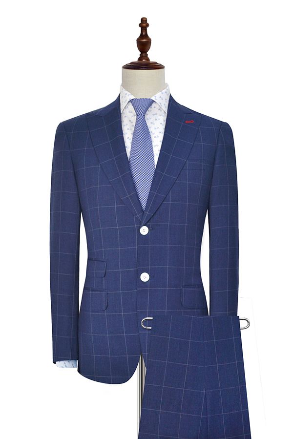 Navy Two Buttons Mens Suits with Peak Lapel 2