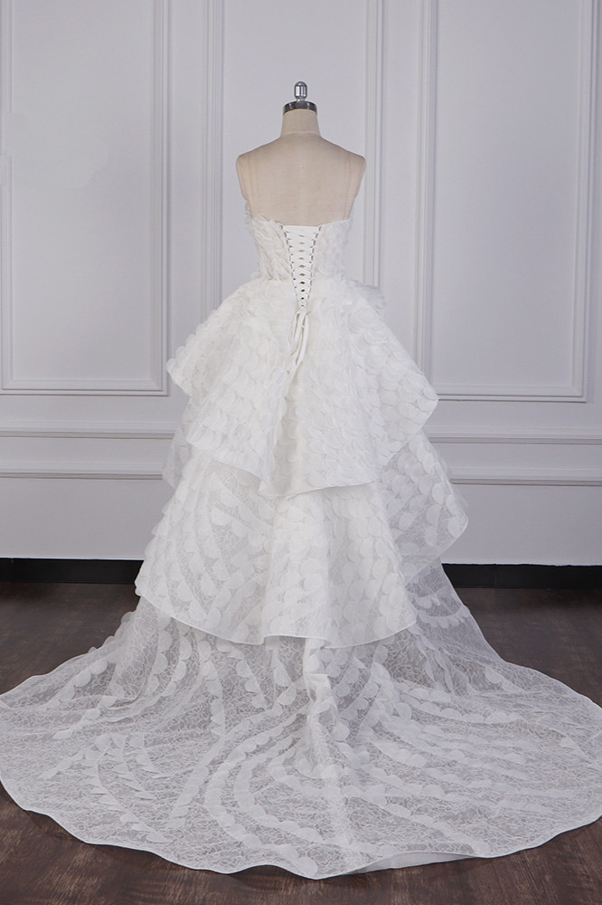 A-line Strapless Sweetheart Neck Sleeveless Hi-Lo Tulle Bridal Dress With Ruffles 2