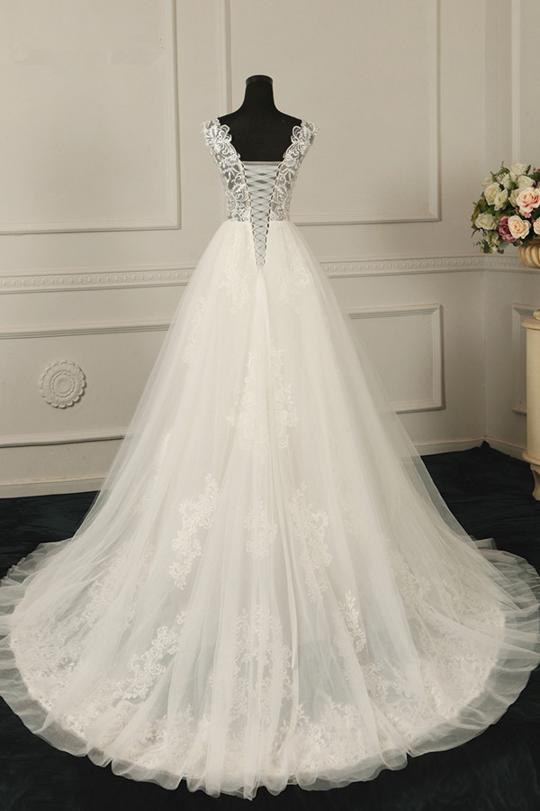 A-line Spaghetti Straps V-neck Sleeveless Floor-length Tulle Wedding Dress With Ruffles 2