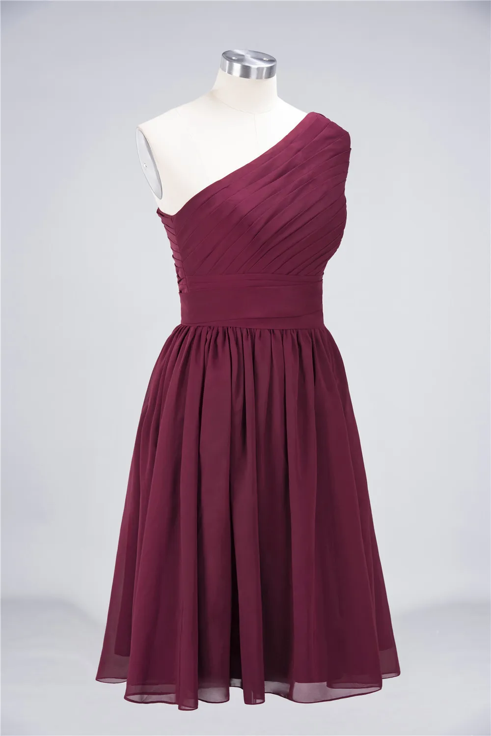 A-line One Shoulder Sleeveless Knee-length 100D Chiffon Bridesmaid Dress With Ruffles 5