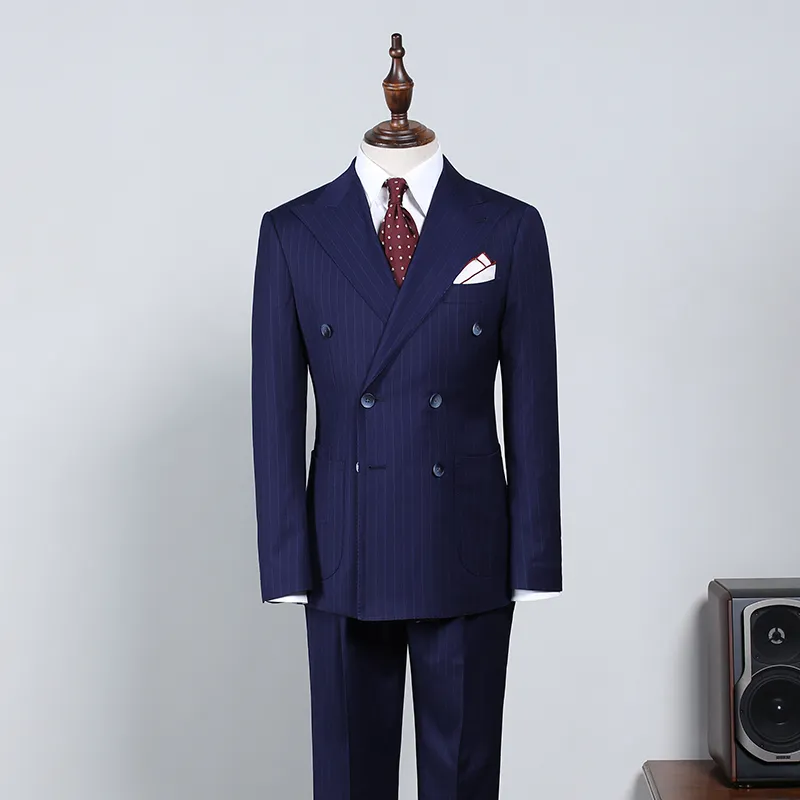 Navy Blue Striped Slim Fit Business Suit 2