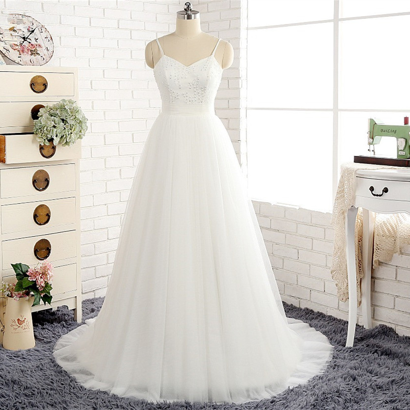 A-line Spaghetti Straps Sleeveless Floor-length Tulle Bridal Dress With Sequins 6