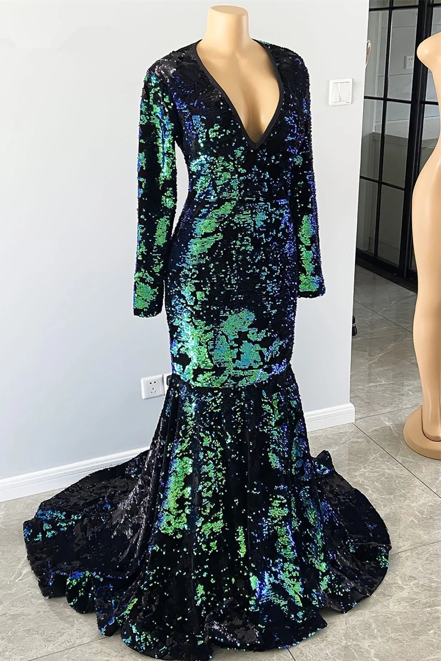 Mermaid V-neck Long Sleeves Floor-length Evening Gown With Pattern 3