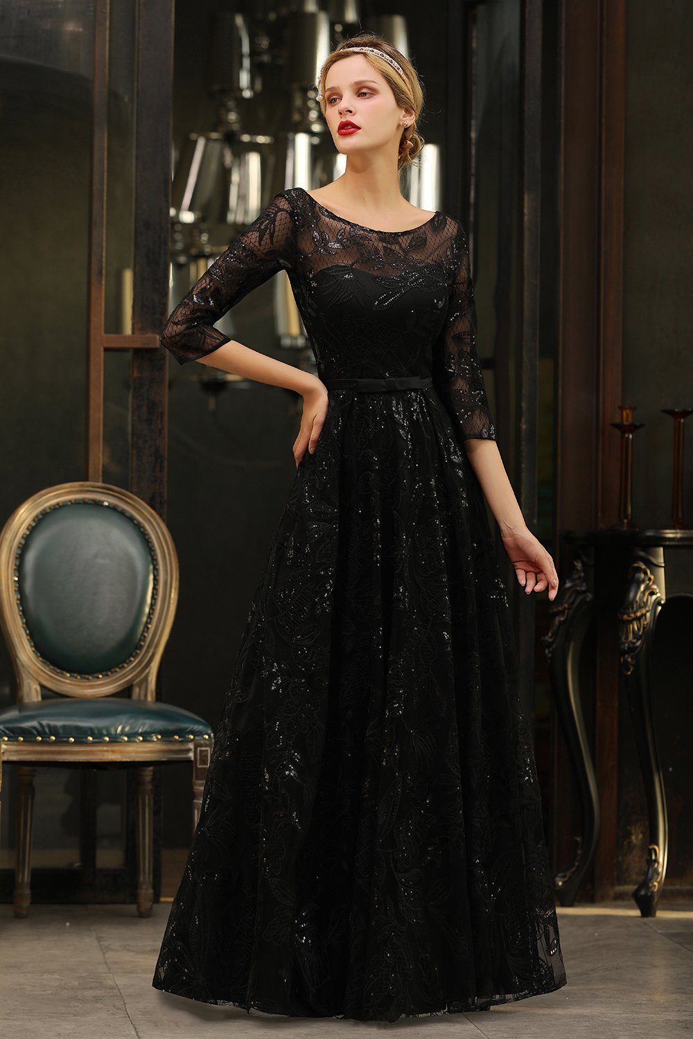 A-line Jewel Neck 3/4-Length Sleeves Floor-length Tulle Evening Dress With Sequins 7