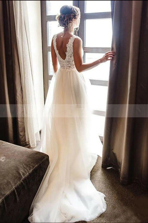 A-line V-neck Sleeveless Cathedral Train Tulle Wedding Gown With Beading 2