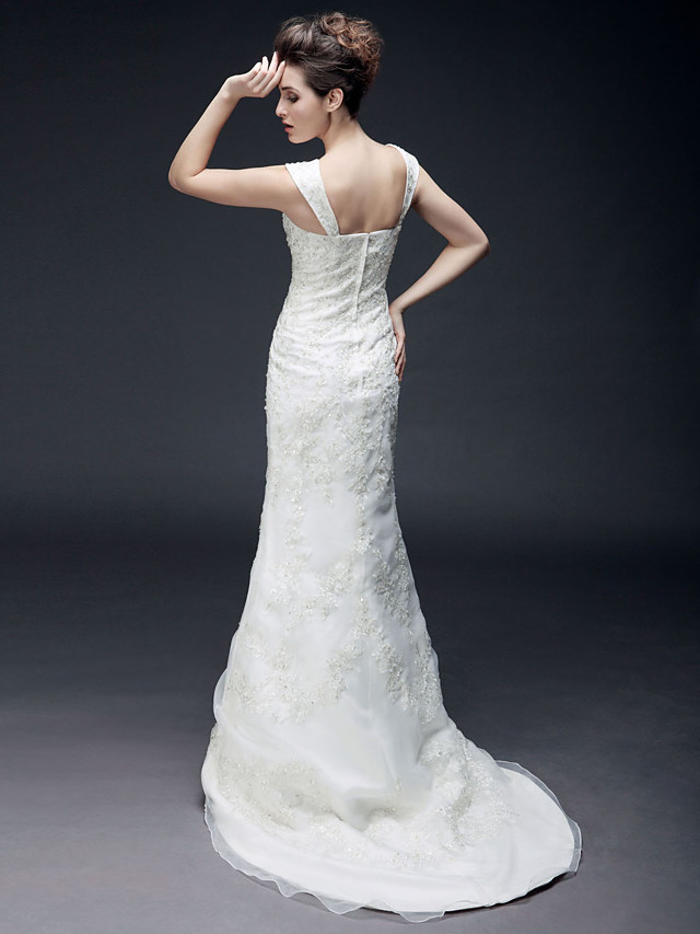 Mermaid Sweetheart Neck Short Sleeves Organza Wedding Gown With Sweep / Brush Train 4