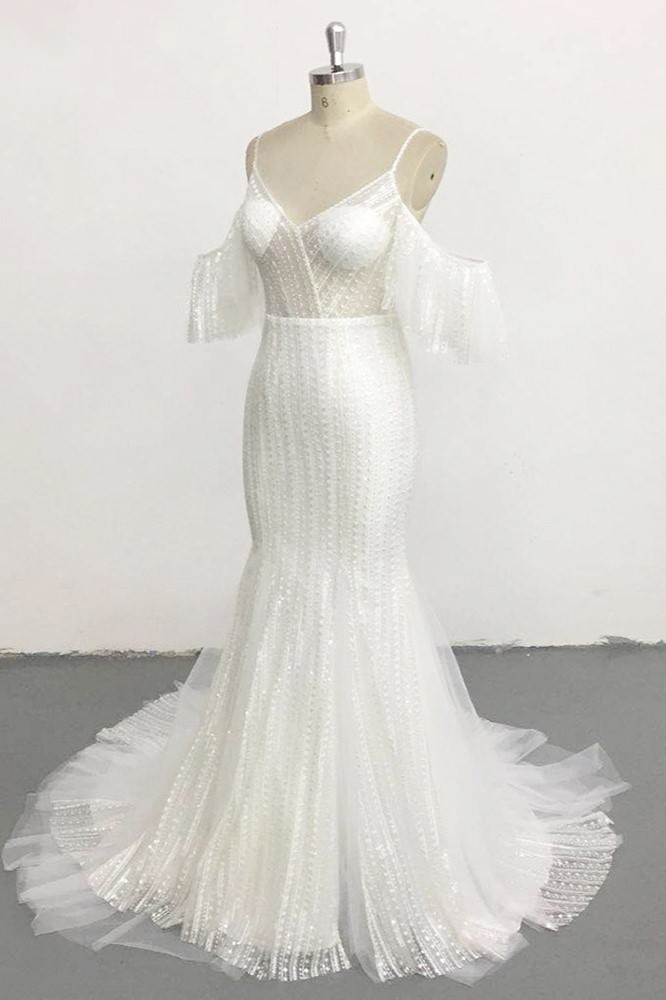 Mermaid Spaghetti Straps V-neck Sleeveless Floor-length Tulle Bridal Dress With Appliques 3