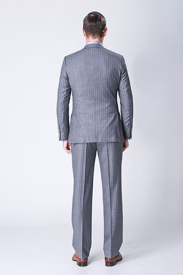 Light Grey Two Piece Wool Blend Men's Business Suit with Stripes and Three Flap Pockets 3