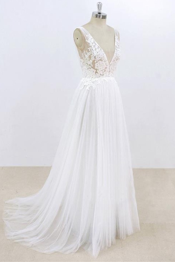 A-line V-neck Sleeveless Sweep / Brush Train Tulle Wedding Gown With Lace 3