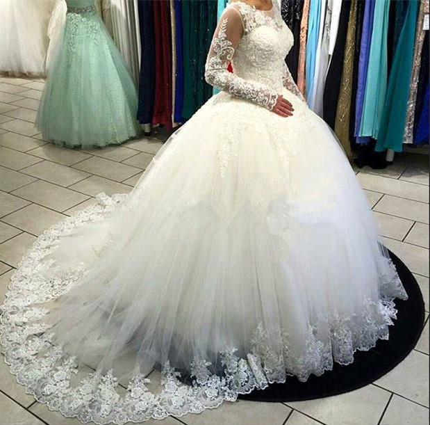 Ball Gown Scoop Neck Sweep / Brush Train Tulle Bridal Attire With Lace 3