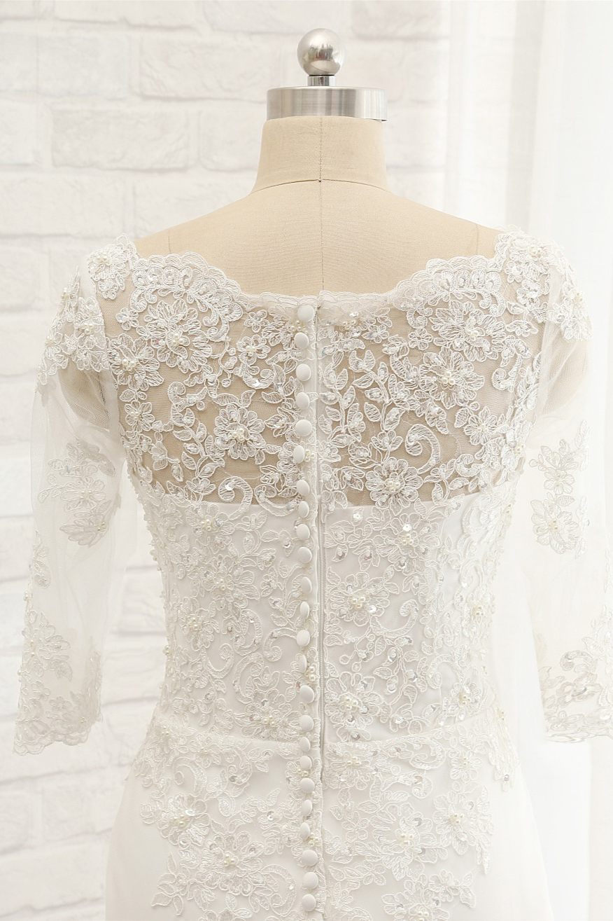 A-line Half-Sleeves Floor-length Stretch Satin Wedding Dress With Appliques 4