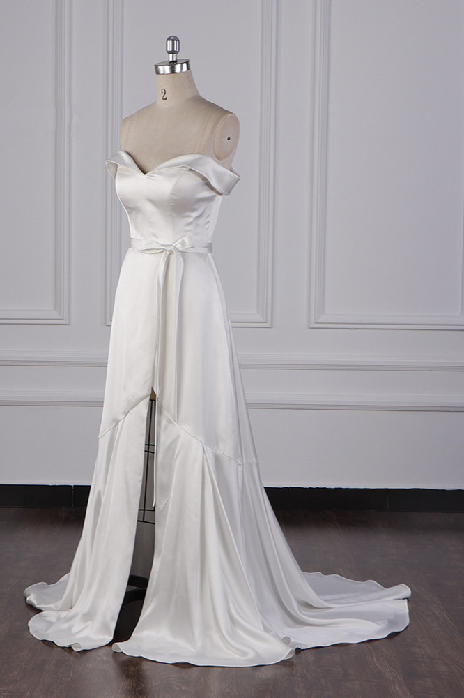 A-line Off-the-shoulder Sweetheart Neck Floor-length Satin Bridal Attire With Split Front 2