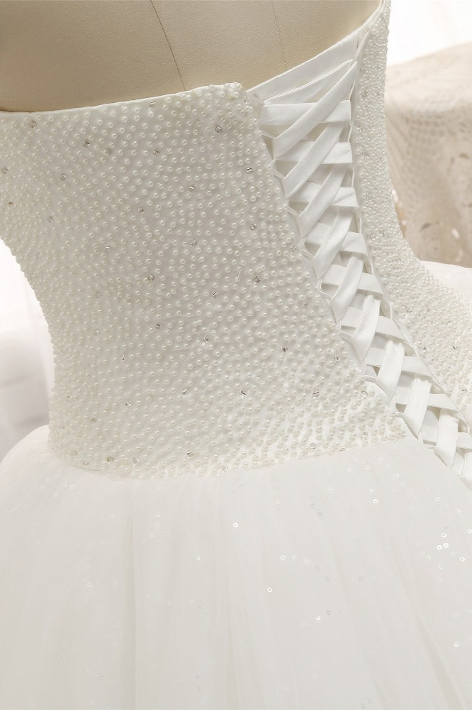 A-line Sweetheart Neck Floor-length Tulle Wedding Gown With Pearls 5