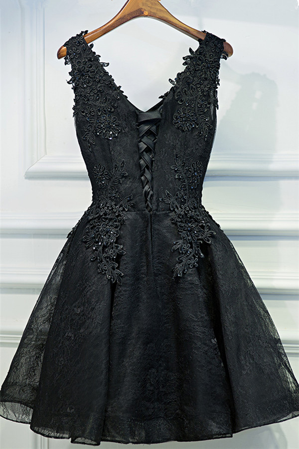 A-line V-neck Sleeveless Mini Lace Cocktail Party Dress With Appliques 2