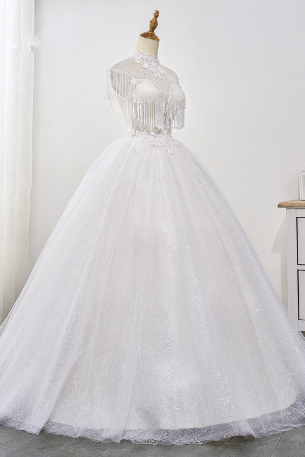Mermaid High Neck Sleeveless Floor-length Tulle Wedding Dress With Beading 4