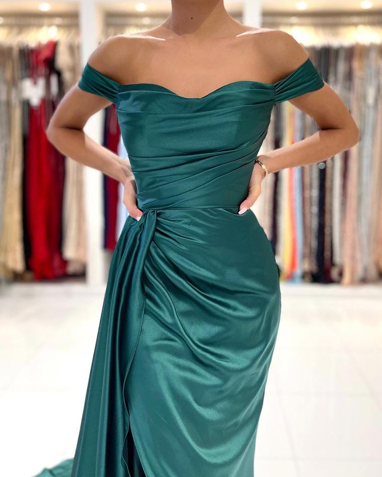 Mermaid Off-the-shoulder Sleeveless Floor-length Stretch Satin Evening Gown With Ruffles 3