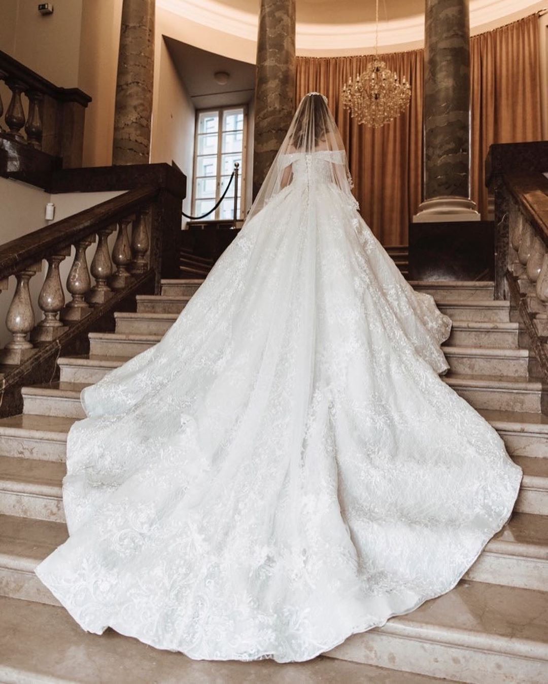 Off-the-shoulder Long Sleeves Court Train Tulle Wedding Gown With Ruffles 3