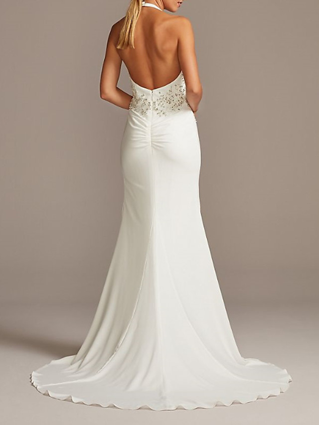 Mermaid Plunging Neckline Sleeveless Sweep / Brush Train Tulle Wedding Gown With Beading 2